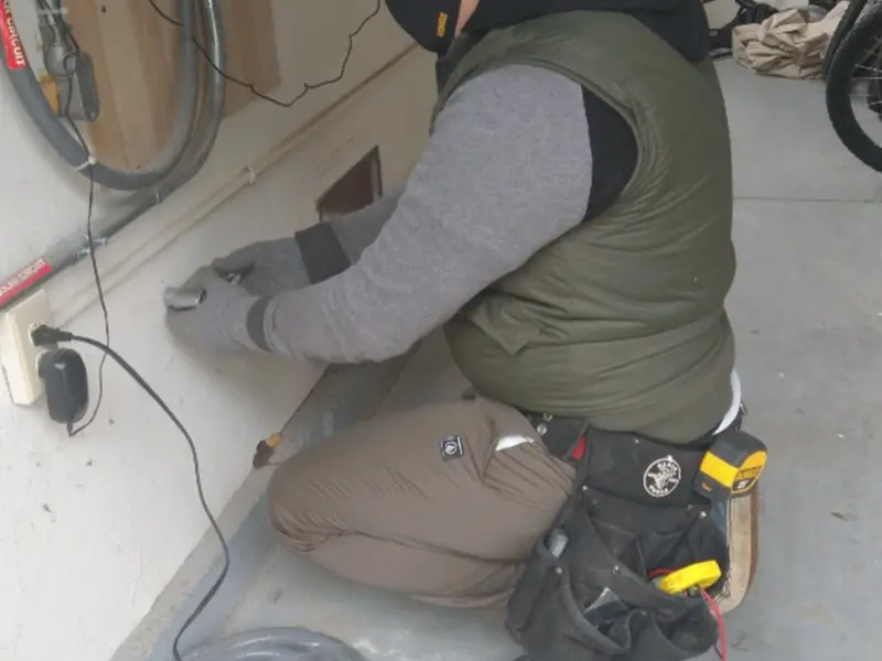 Electrician performing outlet wiring in a Atmore garage